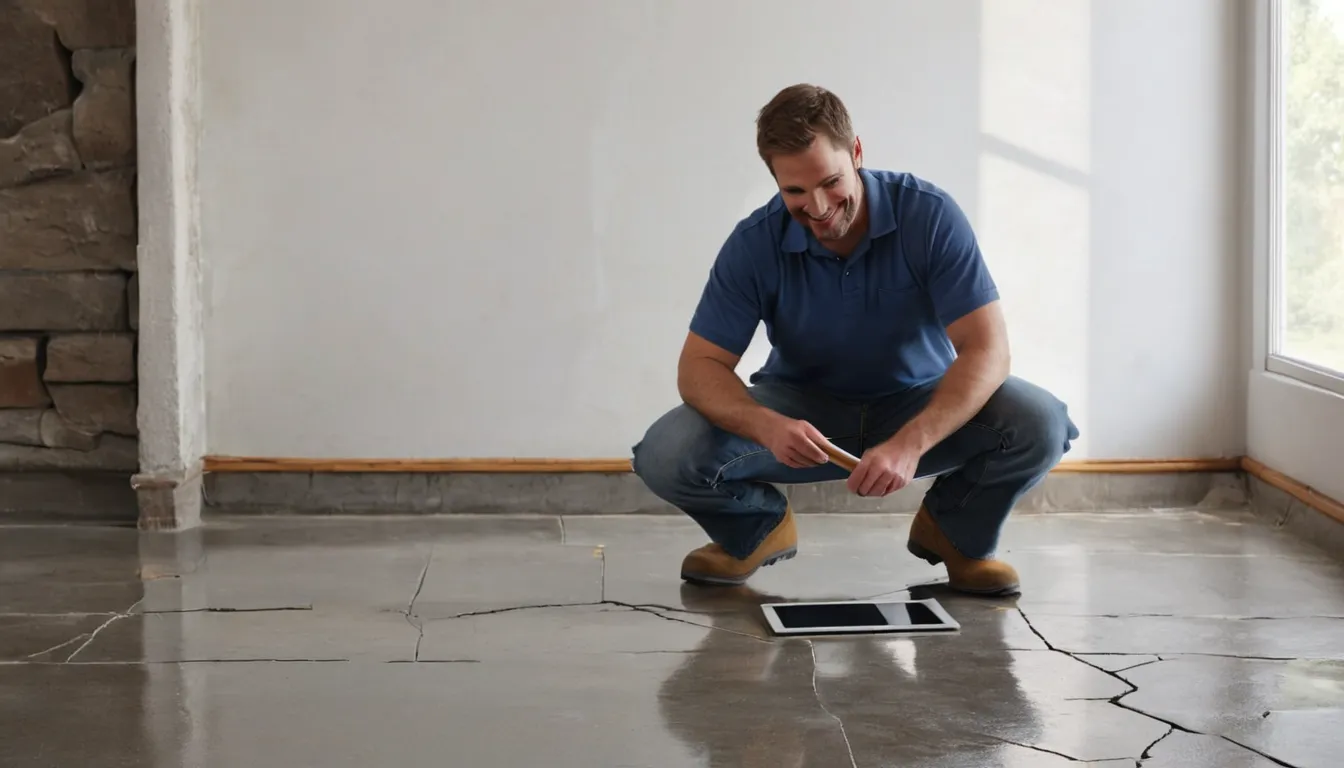 Local provider inspecting a worn concrete floor in a home near South Fulton before coating it